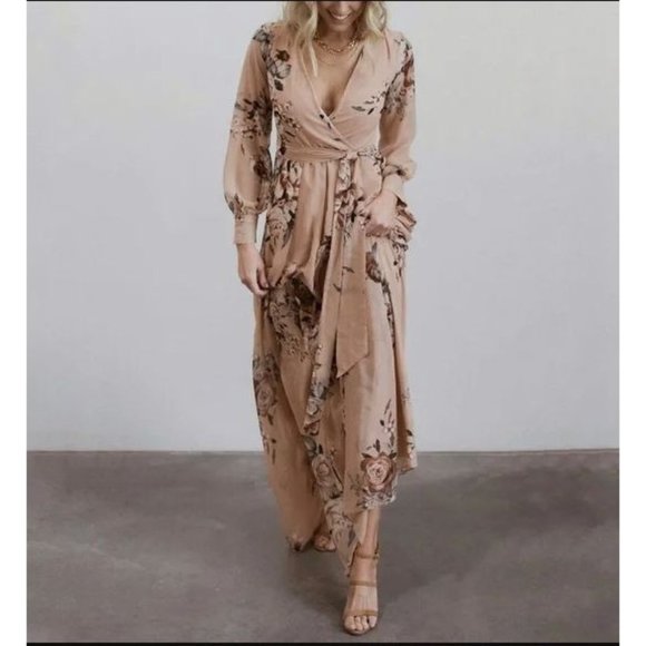 Baltic Born Dresses & Skirts - Baltic Born Womens XL Taupe Floral Chiffon Long Sl